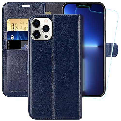 MONASAY Handyhülle für iPhone 13 pro 6.1 Zoll, [Schutzfolie][Kartenfach][Standfunktion][Magnet][RFID Schutz],Stoßfeste Schutzhülle,Premium Leder Flip Case für Apple iPhone 13 pro 5G, Blau von MONASAY