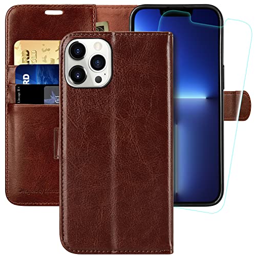 MONASAY Handyhülle Fit für Apple iPhone 13 Pro 5G 6.1 Zoll Hülle,[Schutzfolie][Kartenfach][Standfunktion][Magnet][RFID Schutz],Stoßfeste Schutzhülle,Premium Leder Flip Case, Braun von MONASAY