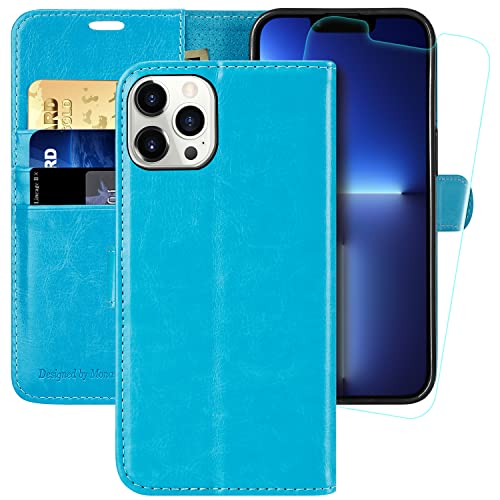 MONASAY Handyhülle für iPhone 13 pro 6.1 Zoll, [Schutzfolie][Kartenfach][Standfunktion][Magnet][RFID Schutz],Stoßfeste Schutzhülle,Premium Leder Flip Case für Apple iPhone 13 pro 5G, Hellblau von MONASAY