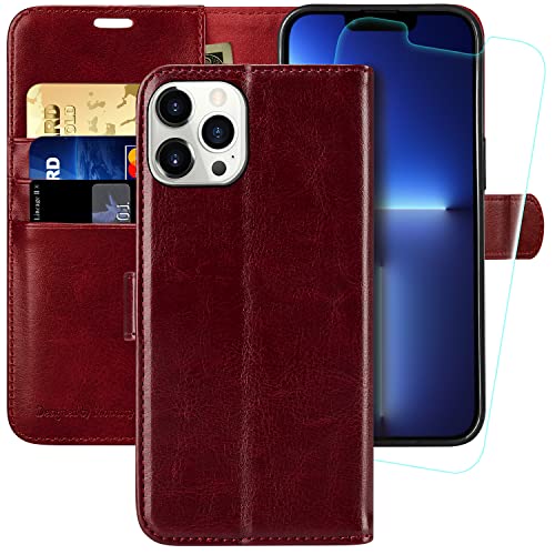 MONASAY Handyhülle für iPhone 13 pro max 6.7 Zoll, [Schutzfolie][Kartenfach][Standfunktion][Magnet][RFID Schutz],Stoßfeste Schutzhülle,Premium Leder Flip Case für Apple iPhone 13 pro max 5G, Burgundy von MONASAY