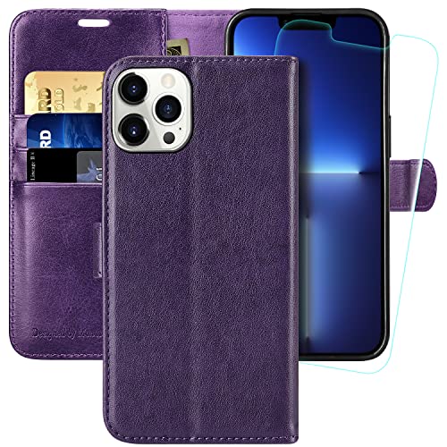 MONASAY Handyhülle für iPhone 13 pro max 6.7 Zoll, [Schutzfolie][Kartenfach][Standfunktion][Magnet][RFID Schutz],Stoßfeste Schutzhülle,Premium Leder Flip Case für Apple iPhone 13 pro max 5G, Violett von MONASAY