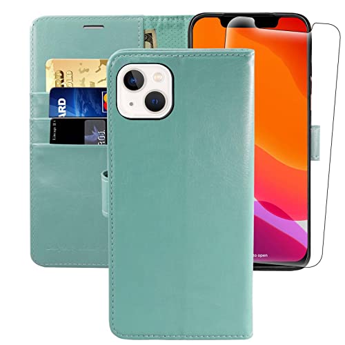 MONASAY Handyhülle Fit für Apple iPhone 14 Plus/15 Plus 5G 6.7 Zoll,[Schutzfolie][Kartenfach][Standfunktion][Magnet][RFID Schutz],Stoßfeste Schutzhülle,Premium Leder Flip Case, Minzgrün von MONASAY