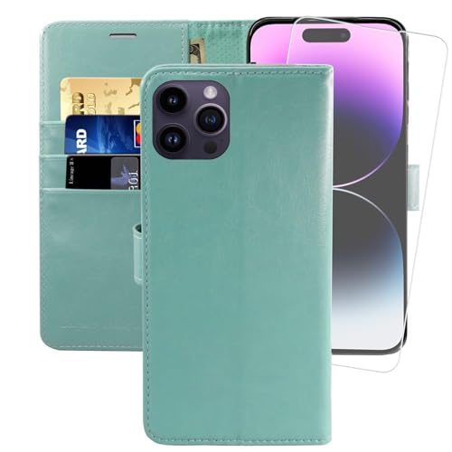 MONASAY Handyhülle für iPhone 14 Pro 5G 6.1 Zoll, [Schutzfolie][Kartenfach][Standfunktion][Magnet][RFID Schutz],Stoßfeste Schutzhülle,Premium Leder Flip Case für Apple iPhone 14 Pro 5G, Minzgrün von MONASAY