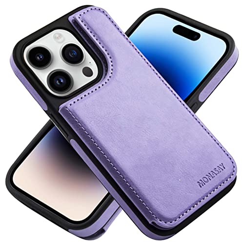 MONASAY Handyhülle Fit für iPhone 14 Pro 5G 6.1 Zoll Flip Case mit Kartenfach,[Schutzfolie][RFID Schutz] Stoßfeste Klappbar Schutzhülle,Premium Leder Ständer Magnetische Hülle, Lavendel von MONASAY