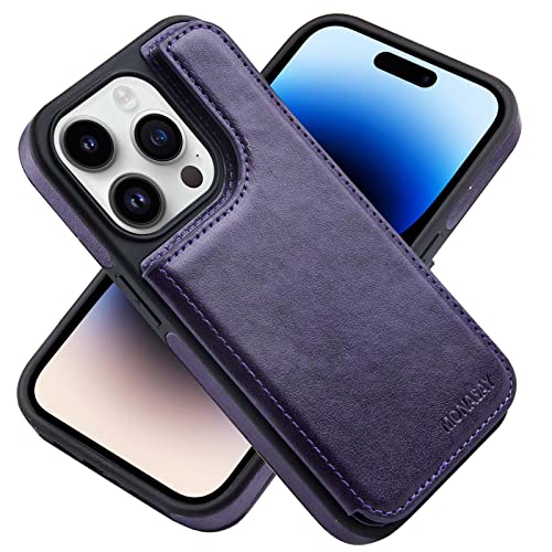 MONASAY Handyhülle Fit für iPhone 14 Pro 5G 6.1 Zoll Flip Case mit Kartenfach,[Schutzfolie][RFID Schutz] Stoßfeste Klappbar Schutzhülle,Premium Leder Ständer Magnetische Hülle, Violett von MONASAY