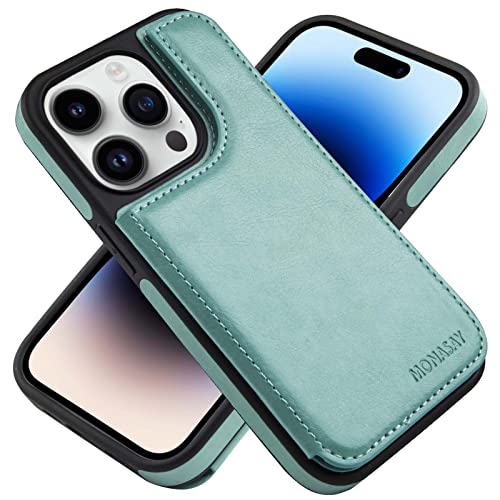 MONASAY Handyhülle für iPhone 14 Pro 5G 6.1 Zoll Flip Case mit Kartenfach,[Schutzfolie][RFID Schutz],Stoßfeste Schutzhülle,Premium Leder Ständer Magnetische Hülle für Apple iPhone 14 Pro 5G, Minzgrün von MONASAY