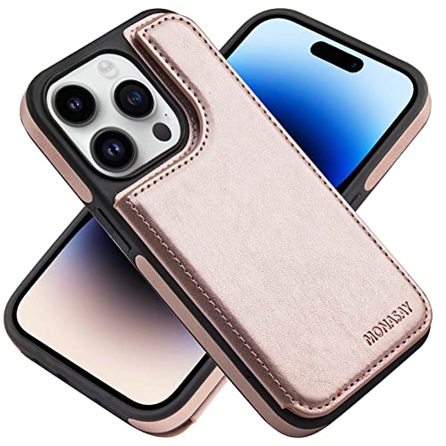 MONASAY Handyhülle Fit für iPhone 14 Pro 5G 6.1 Zoll Flip Case mit Kartenfach,[Schutzfolie][RFID Schutz] Stoßfeste Klappbar Schutzhülle,Premium Leder Ständer Magnetische Hülle, Rosagold von MONASAY