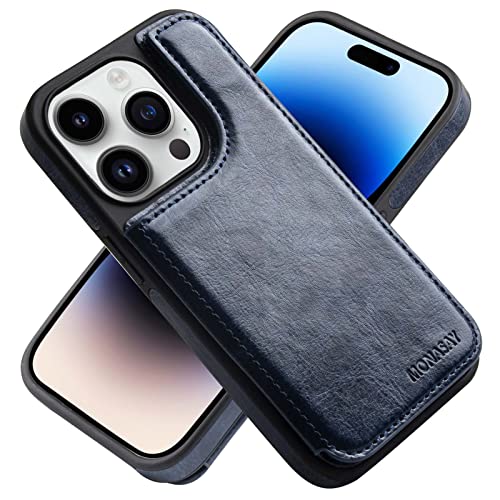 MONASAY Handyhülle für iPhone 14 Pro 5G 6.1 Zoll Flip Case mit Kartenfach,[Schutzfolie][RFID Schutz],Stoßfeste Schutzhülle,Premium Leder Ständer Magnetische Hülle für Apple iPhone 14 Pro 5G, Blau von MONASAY