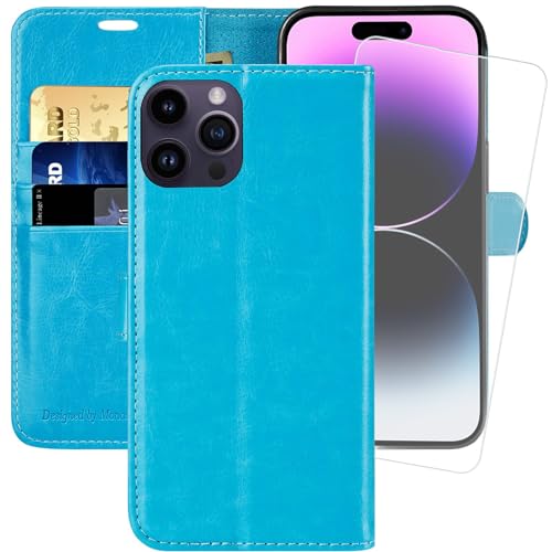 MONASAY Handyhülle Fit für Apple iPhone 14 Pro Max 5G 6.7 Zoll,[Schutzfolie][Kartenfach][Standfunktion][Magnet][RFID Schutz],Stoßfeste Schutzhülle,Premium Leder Flip Case, Hellblau von MONASAY