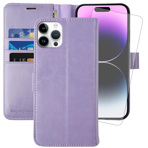 MONASAY Handyhülle für iPhone 14 Pro Max 5G 6.7 Zoll, [Schutzfolie][Kartenfach][Standfunktion][Magnet][RFID Schutz],Stoßfeste Schutzhülle,Premium Leder Flip Case für Apple iPhone 14 Pro Max, Lavendel von MONASAY