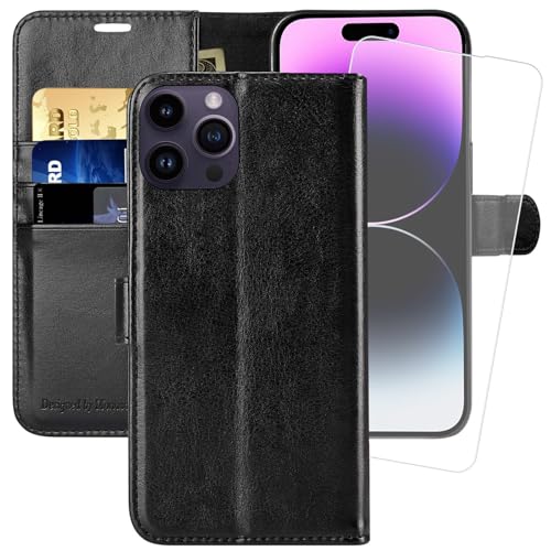 MONASAY Handyhülle Fit für Apple iPhone 14 Pro Max 5G 6.7 Zoll,[Schutzfolie][Kartenfach][Standfunktion][Magnet][RFID Schutz],Stoßfeste Schutzhülle,Premium Leder Flip Case, Schwarz von MONASAY