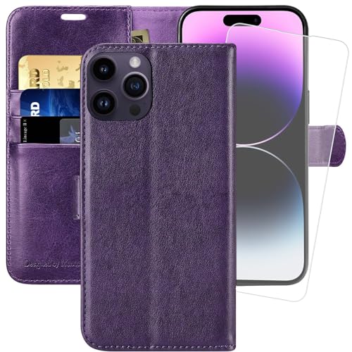 MONASAY Handyhülle für iPhone 14 Pro Max 5G 6.7 Zoll, [Schutzfolie][Kartenfach][Standfunktion][Magnet][RFID Schutz],Stoßfeste Schutzhülle,Premium Leder Flip Case für Apple iPhone 14 Pro Max, Violett von MONASAY