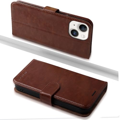 MONASAY für Handyhülle iPhone 15 5G 6.1 Zoll Hülle,[Schutzfolie][Kartenfach][Standfunktion][Magnet][RFID Schutz],Stoßfeste Schutzhülle,Premium Leder Flip Case, Braun von MONASAY
