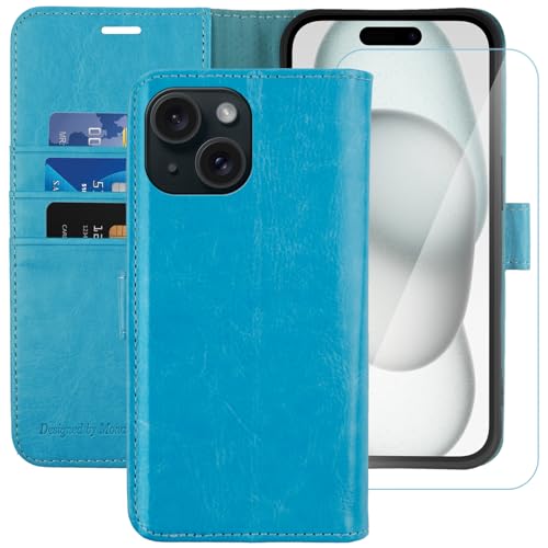 MONASAY für Handyhülle iPhone 15 5G 6.1 Zoll Hülle,[Schutzfolie][Kartenfach][Standfunktion][Magnet][RFID Schutz],Stoßfeste Schutzhülle,Premium Leder Flip Case, Hellblau von MONASAY