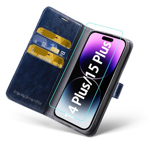 MONASAY Handyhülle für iPhone 15 Plus/14 Plus 5G 6.7 Zoll, [Schutzfolie][Kartenfach][Standfunktion][Magnet][RFID Schutz],Stoßfeste Schutzhülle,Premium Leder Flip Case, Blau von MONASAY