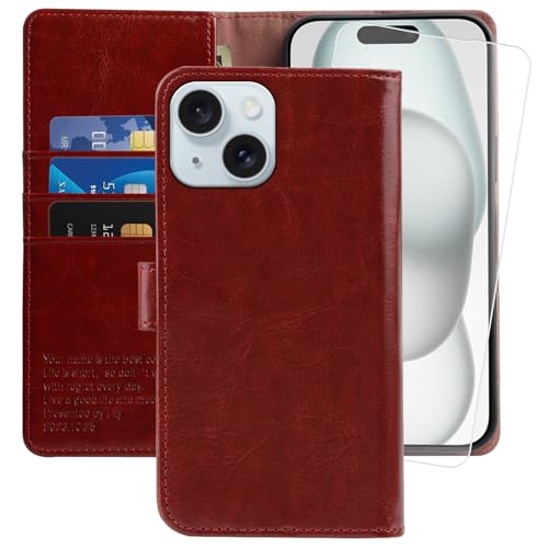 MONASAY für Handyhülle iPhone 15 Plus/14 Plus 5G 6.7 Zoll Hülle,[Schutzfolie][Kartenfach][Standfunktion][Magnet][RFID Schutz],Stoßfeste Schutzhülle,Leder Flip Case, Burgund von MONASAY