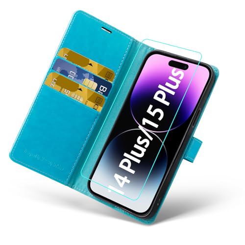 MONASAY Handyhülle für iPhone 15 Plus/14 Plus 5G 6.7 Zoll, [Schutzfolie][Kartenfach][Standfunktion][Magnet][RFID Schutz],Stoßfeste Schutzhülle,Premium Leder Flip Case, Hellblau von MONASAY