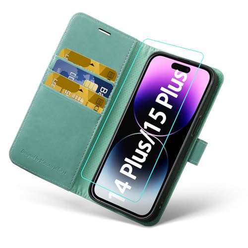MONASAY Handyhülle für iPhone 15 Plus/14 Plus 5G 6.7 Zoll, [Schutzfolie][Kartenfach][Standfunktion][Magnet][RFID Schutz],Stoßfeste Schutzhülle,Premium Leder Flip Case, Minzgrün von MONASAY