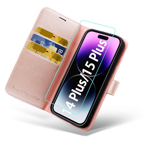 MONASAY Handyhülle für iPhone 15 Plus/14 Plus 5G 6.7 Zoll, [Schutzfolie][Kartenfach][Standfunktion][Magnet][RFID Schutz],Stoßfeste Schutzhülle,Premium Leder Flip Case, Rosagold von MONASAY