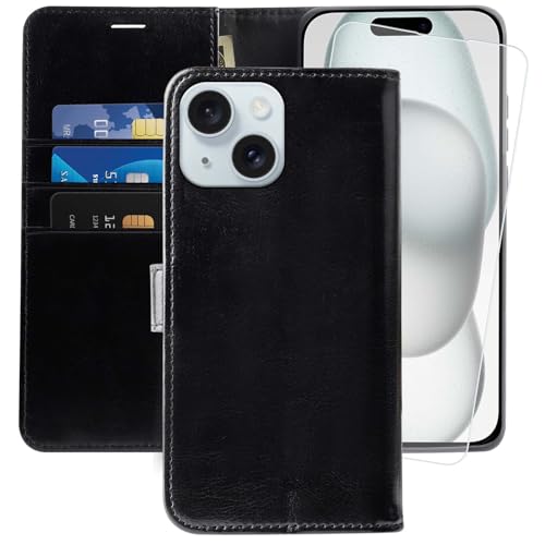 MONASAY für Handyhülle iPhone 15 Plus/14 Plus 5G 6.7 Zoll Hülle,[Schutzfolie][Kartenfach][Standfunktion][Magnet][RFID Schutz],Stoßfeste Schutzhülle,Leder Flip Case, Schwarz von MONASAY