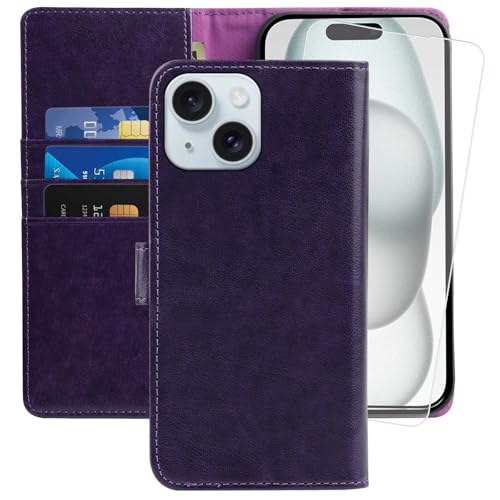 MONASAY für Handyhülle iPhone 15 Plus/14 Plus 5G 6.7 Zoll Hülle,[Schutzfolie][Kartenfach][Standfunktion][Magnet][RFID Schutz],Stoßfeste Schutzhülle,Leder Flip Case, Violett von MONASAY