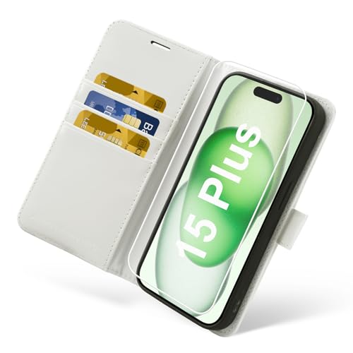 MONASAY Handyhülle für iPhone 15 Plus/14 Plus 5G 6.7 Zoll,[Schutzfolie][Kartenfach][Standfunktion][Magnet][RFID Schutz],Stoßfeste Schutzhülle,Premium Leder Flip Case,Weiß von MONASAY