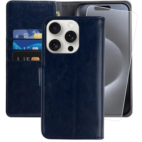 MONASAY für Handyhülle iPhone 15 Pro 5G 6.1 Zoll Hülle,[Schutzfolie][Kartenfach][Standfunktion][Magnet][RFID Schutz],Stoßfeste Schutzhülle,Premium Leder Flip Case, Blau von MONASAY