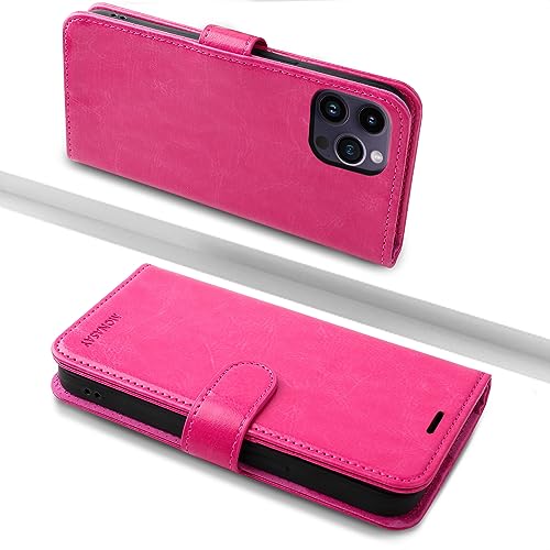 MONASAY für Handyhülle iPhone 15 Pro 5G 6.1 Zoll Hülle,[Schutzfolie][Kartenfach][Standfunktion][Magnet][RFID Schutz],Stoßfeste Schutzhülle,Premium Leder Flip Case, Hot Pink von MONASAY