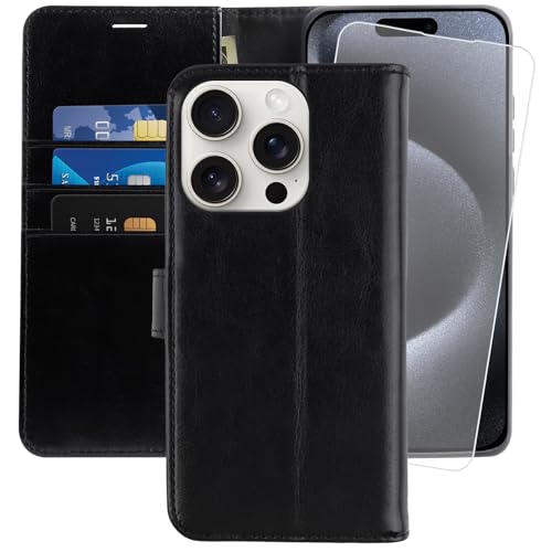 MONASAY für Handyhülle iPhone 15 Pro 5G 6.1 Zoll Hülle,[Schutzfolie][Kartenfach][Standfunktion][Magnet][RFID Schutz],Stoßfeste Schutzhülle,Premium Leder Flip Case, Schwarz von MONASAY
