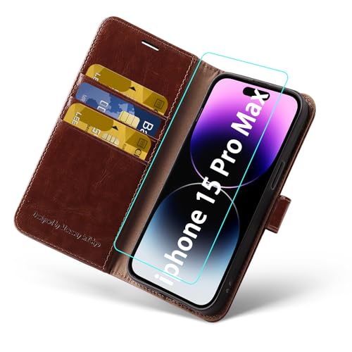 MONASAY Handyhülle für iPhone 15 Pro Max 5G 6.7 Zoll, [Schutzfolie][Kartenfach][Standfunktion][Magnet][RFID Schutz],Stoßfeste Schutzhülle,Leder Flip Case Kompatibel mit Apple 15 Pro Max, Braun von MONASAY