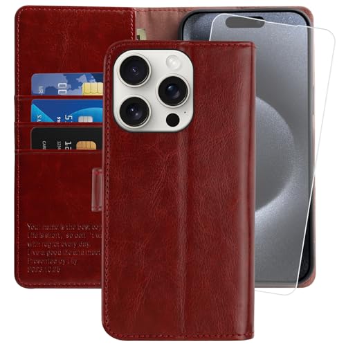 MONASAY für Handyhülle iPhone 15 Pro Max 5G 6.7 Zoll Hülle,[Schutzfolie][Kartenfach][Standfunktion][Magnet][RFID Schutz],Stoßfeste Schutzhülle,Premium Leder Flip Case, Burgund von MONASAY