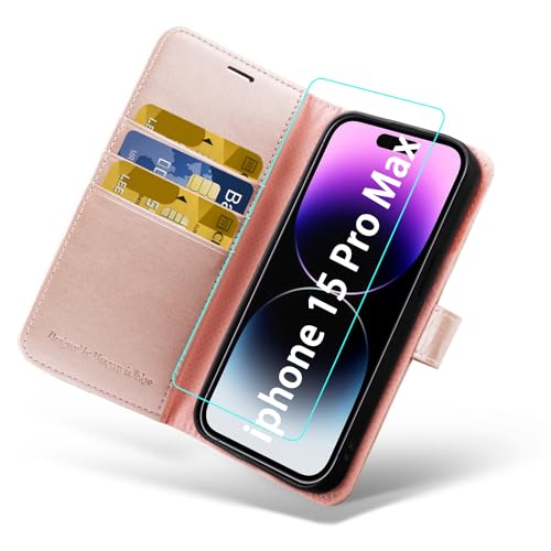 MONASAY Handyhülle für iPhone 15 Pro Max 5G 6.7 Zoll, [Schutzfolie][Kartenfach][Standfunktion][Magnet][RFID Schutz],Stoßfeste Schutzhülle,Leder Flip Case Kompatibel mit Apple 15 Pro Max, Rosagold von MONASAY