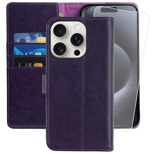 MONASAY für Handyhülle iPhone 15 Pro Max 5G 6.7 Zoll Hülle,[Schutzfolie][Kartenfach][Standfunktion][Magnet][RFID Schutz],Stoßfeste Schutzhülle,Premium Leder Flip Case, Violett von MONASAY