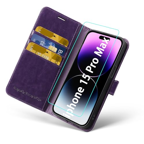 MONASAY Handyhülle für iPhone 15 Pro Max 5G 6.7 Zoll, [Schutzfolie][Kartenfach][Standfunktion][Magnet][RFID Schutz],Stoßfeste Schutzhülle,Leder Flip Case Kompatibel mit Apple 15 Pro Max, Violett von MONASAY