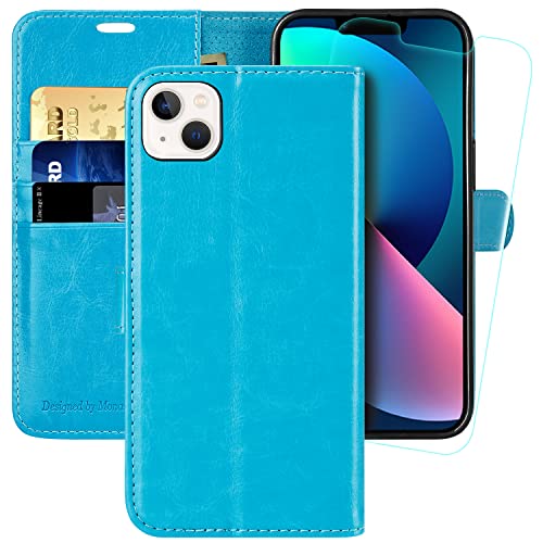 MONASAY Hülle für iPhone 13, Handyhülle iPhone 13 Klapphülle [Schutzglas] [TPU] [Kartenfächer] [Ständer] [Magnet] RFID, Stoßfeste Case, Cover kompatibel mit iPhone 13 (6,1 Zoll) Hellblau von MONASAY