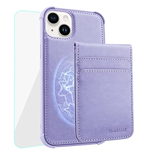 MONASAY Magwallet Schutzhülle für iPhone 14/13, Rückseite, Flip Folio Magnetisches Leder Handyhülle mit Abnehmbaren RFID Blocking Kartenhalter, Geldbörse für iPhone 14/13, Hellviolett von MONASAY