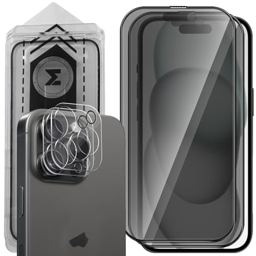 MONASAY Panzer Schutz Glas Fit für iPhone 15 Pro 6.1 Zoll [2 Stück],Schutzfolie Sichtschutz Privacy Displayschutz mit Frame, [2 Stück Kameraschutz Camera Screen Protector] Panzerfolie von MONASAY