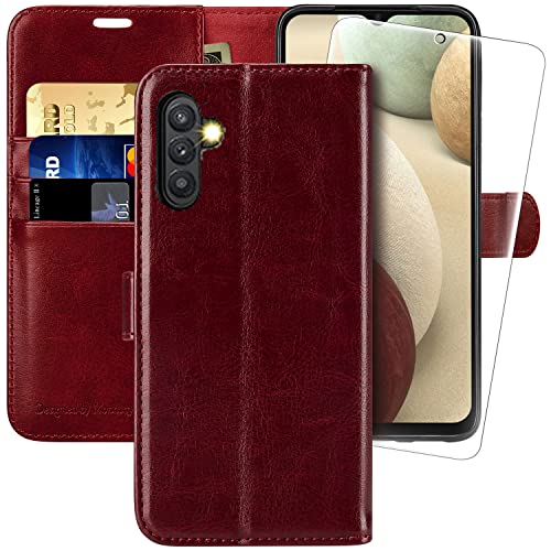 MONASAY Handyhülle Fit für Samsung Galaxy A54 5G 6.4 Zoll Hülle,[Schutzfolie][Kartenfach][Standfunktion][Magnet] Stoßfeste Schutzhülle,Leder Flip Case Klappbar Tasche Cover, Burgundy von MONASAY