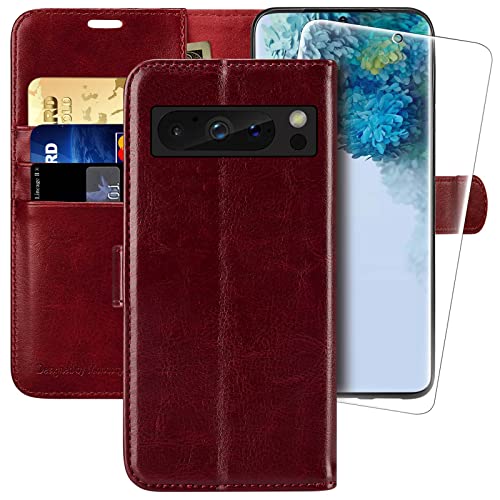 MONASAY für Schutzhülle Google Pixel 8 Pro 5G, [Displayschutzfolie im Lieferumfang enthalten] [RFID-blockierend] Flip Folio Leder Handyhülle mit Kreditkartenfach, Burgundy von MONASAY