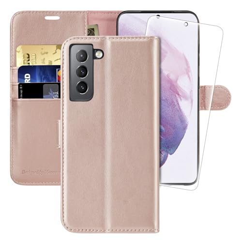 MONASAY Schutzhülle für Samsung Galaxy S21+Plus 5G,17cm (6,7 Zoll),inkl. Displayschutzfolie [Kartenfach][Standfunktion] Flip Case Cover RFID Schutzhülle Etui, Rosagold von MONASAY