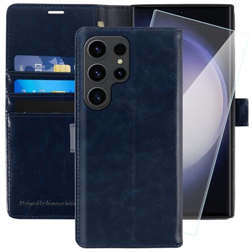MONASAY für Handyhülle Samsung Galaxy S23 Ultra 5G 6.8 Zoll Hülle,[Schutzfolie][Kartenfach][Standfunktion][Magnet],Stoßfeste Schutzhülle,Premium Leder Flip Case, Blau von MONASAY