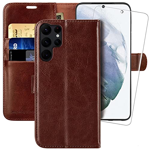 MONASAY für Handyhülle Samsung Galaxy S23 Ultra 5G 6.8 Zoll Hülle,[Schutzfolie][Kartenfach][Standfunktion][Magnet],Stoßfeste Schutzhülle,Premium Leder Flip Case, Braun von MONASAY