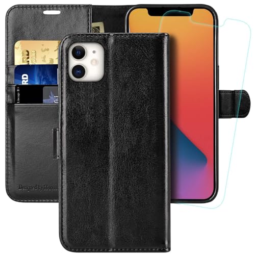 MONASAY Handyhülle Fit für iPhone 11 Hülle 6,1 Zoll,[Schutzglas][Verdicktes TPU][RFID Schützt][Kartenfächer][Standfunktion][Magnet],Stoßfeste Schutzhülle Klapphülle Flip Case, Schwarz von MONASAY