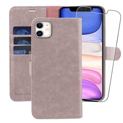 MONASAY Handyhülle Fit für iPhone 11 Hülle 6,1 Zoll,[Schutzglas][Verdicktes TPU][RFID Schützt][Kartenfächer][Standfunktion][Magnet],Stoßfeste Schutzhülle Klapphülle Flip Case, Pinksand von MONASAY