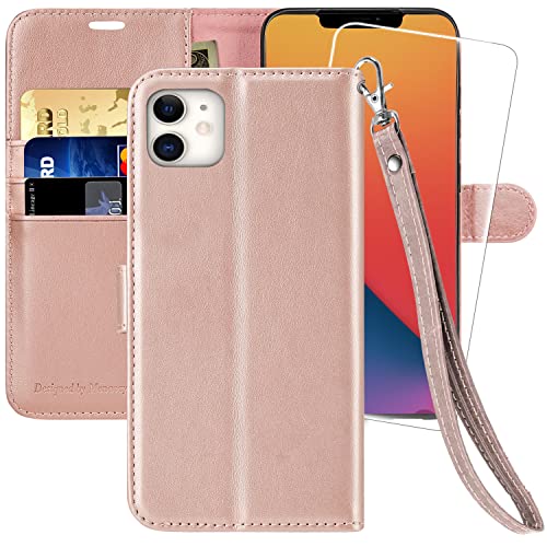 MONASAY Handyhülle Fit für iPhone 11 Hülle 6,1 Zoll,[Schutzglas][Verdicktes TPU][RFID Schützt][Kartenfächer][Standfunktion][Magnet],Stoßfeste Schutzhülle Klapphülle Flip Case, Rosa von MONASAY