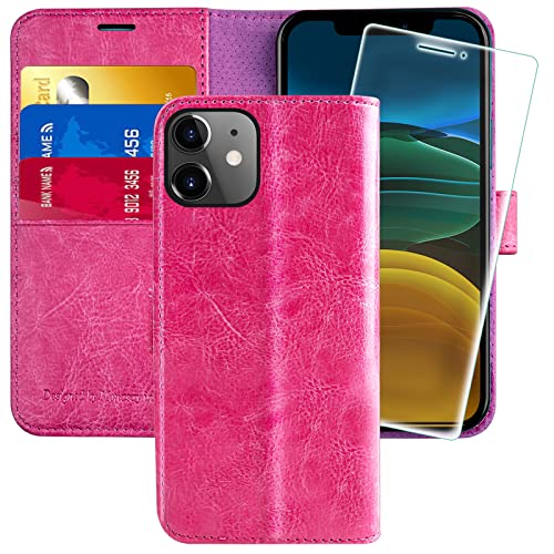MONASAY Handyhülle Fit für iPhone 11 Hülle 6,1 Zoll,[Schutzglas][Verdicktes TPU][RFID Schützt][Kartenfächer][Standfunktion][Magnet],Stoßfeste Schutzhülle Klapphülle Flip Case, Rose von MONASAY