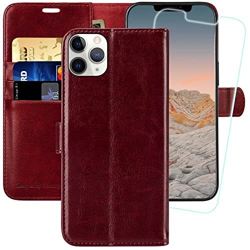 MONASAY iPhone 11 Pro Handyhülle 5.8 Zoll, [Schutzfolie][Kartenfach][Standfunktion][Magnet][RFID Schutz],Stoßfeste Schutzhülle,Premium Leder Flip Case für Apple iPhone 11 Pro, Burgund von MONASAY