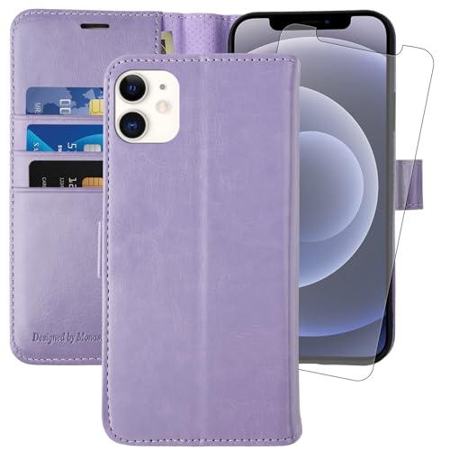 MONASAY iPhone 12 Mini Hülle, Handyhülle [Schutzglas] [RFID Schützt] [Kartenfächer] [Standfunktion] [Magnet], Stoßfeste Schutzhülle, Klapphülle Kompatibel für iPhone 12 Mini 5,4 Lavendel von MONASAY