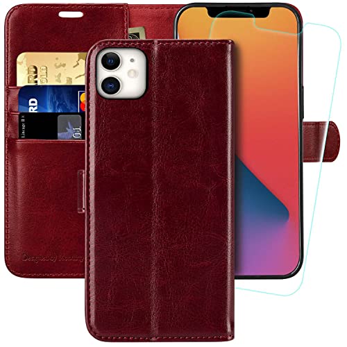 MONASAY iPhone 12 Pro Handyhülle,iPhone 12 Hülle 6.1 Zoll, [Schutzfolie][Kartenfach][Standfunktion][Magnet][RFID Schutz],Stoßfeste Schutzhülle, Leder Flip Case für Apple iPhone 12/12 Pro, Burgund von MONASAY