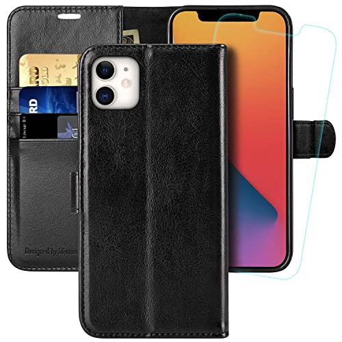 MONASAY iPhone 12 Pro Handyhülle,iPhone 12 Hülle 6.1 Zoll, [Schutzfolie][Kartenfach][Standfunktion][Magnet][RFID Schutz],Stoßfeste Schutzhülle, Leder Flip Case für Apple iPhone 12/12 Pro, Schwarz von MONASAY